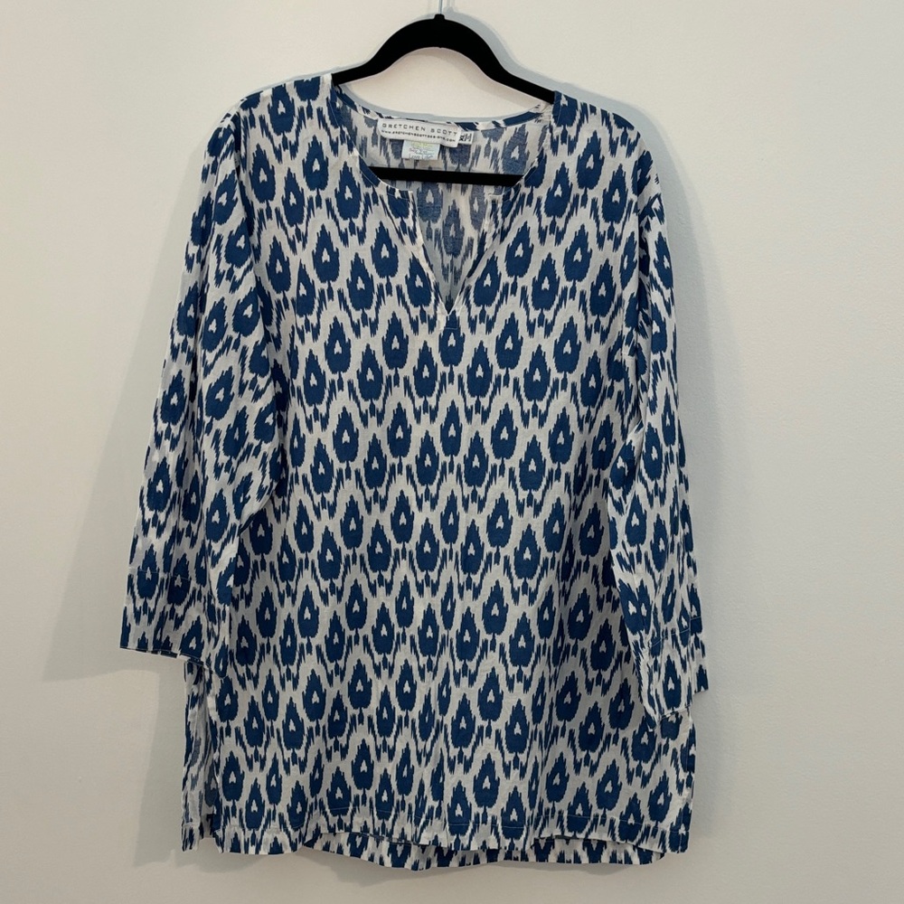 Gretchen Scott Designs Blue and White Tunic EUC